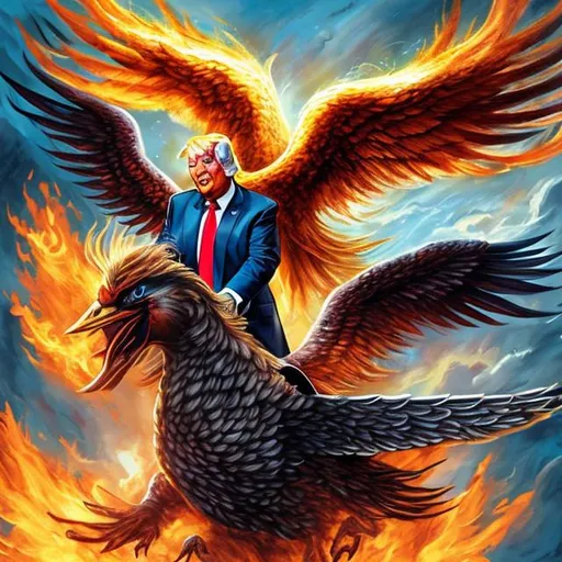 Prompt: Donald Trump riding a Phoenix