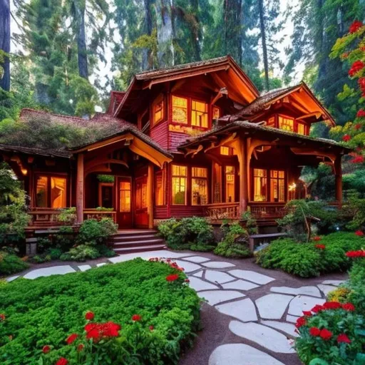 Prompt: a red wood house in the woods with butiful trees around the house and vibrant flowers in the garden