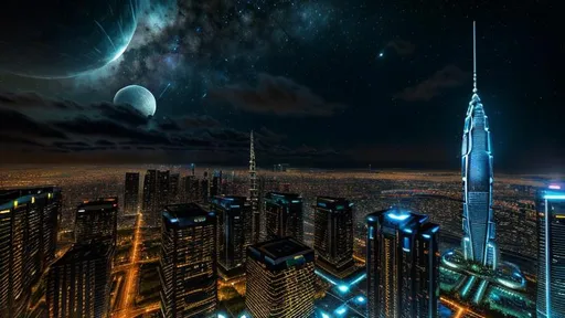 Prompt: A sci-fi city full of exquisite futuristic, hyperrealistic and hyperdetailed sky-scrappers, buildings and great religious temples deep into the jungle of dazzling palm trees, Nebula Moon Sky in the intricately detailed background, digital art masterpiece, perfect image composition, Sci-Fi style, liquid Blue atmosphere, highest quality of details and design, Unreal Engine 5, CryEngine, Ultra HD 1024K, Octane 3D, clarity, harmony, hierarchy, order, symmetry, proportions.