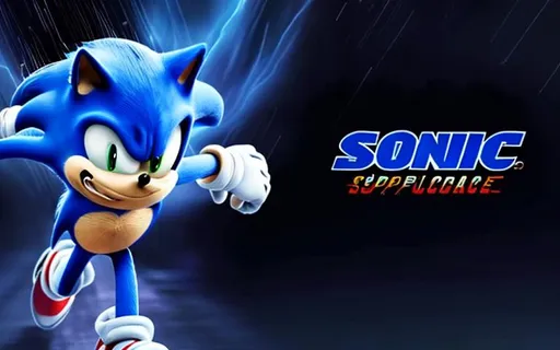 Prompt: sonic corriendo con rayos supersonicos y con el logo de la pelicula