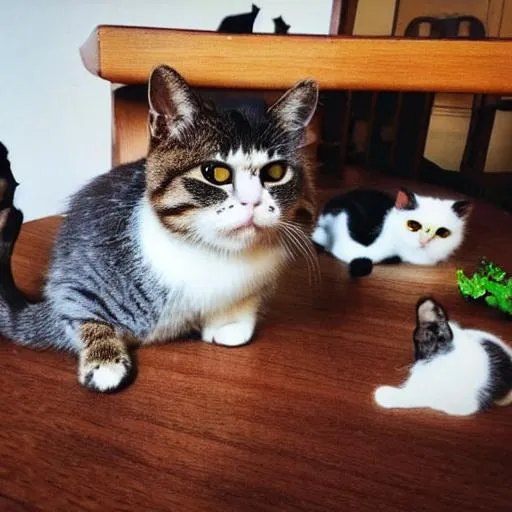 Prompt: Cute cat with other cute cat on a table