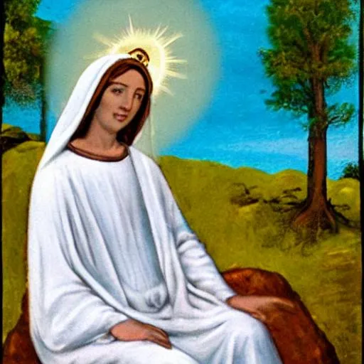 Prompt: mother mary sitting on a rock and having a halo on her head