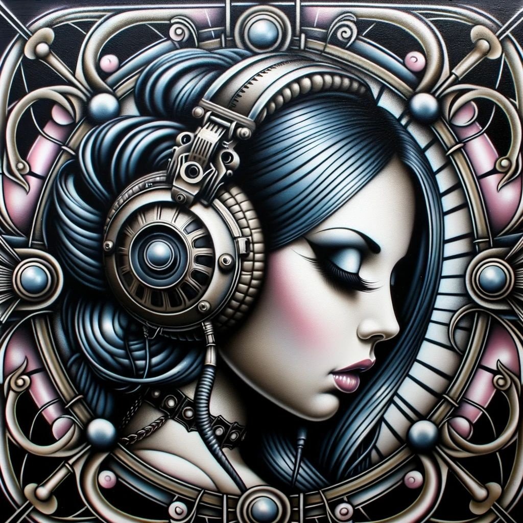 Prompt: Airbrushed art of a woman in headphones, with detailed gothic pop surrealism motifs and an art deco background in square format.