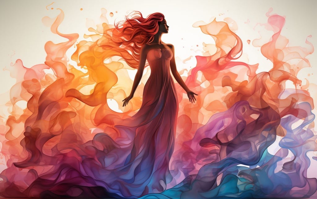 Prompt: vector transparent girl made of colorful smoke and fire