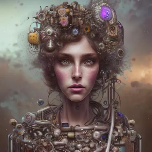 Prompt: Lofi biopunk portrait beautiful woman with short brown curly hair, roman face, unicorn, rainbow, floral, Pixar style, Cinematic, Studio lightning, beautiul, cute, pretty eyes, hyper resolution, hyper detailed, smooth, details, 8K, dramtic, focus, full shot, fantasy, Tristan Eaton, Stanley Artgerm, Tom Bagshaw