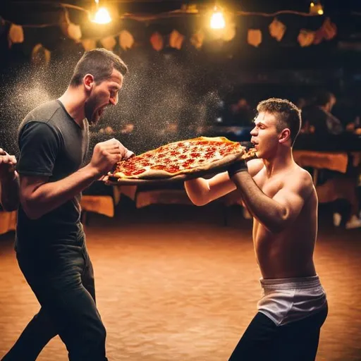 Prompt: Two guys Fighting with pizza