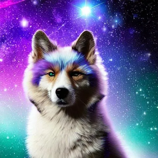 Galaxy, purple and blue fur, green eyes, stars in fu... | OpenArt