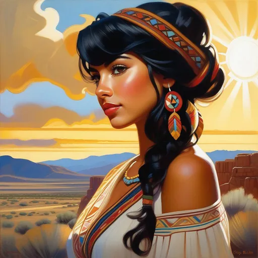 Prompt: Hispano girl, light skin, black hair, dark brown eyes, in New Mexico, cartoony, sunny atmosphere, extremely detailed painting by Greg Rutkowski and by Henry Justice Ford and by Steve Henderson