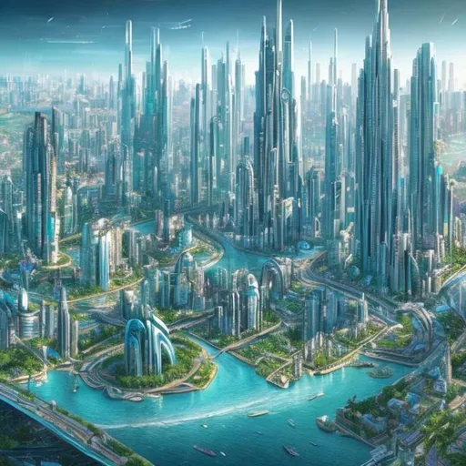 Prompt: Create a detailed and original drawing of a futuristic cityscape that showcases advanced technology, sustainable architecture, and vibrant urban life. Imagine a skyline filled with towering skyscrapers, innovative transportation systems, and lush green spaces seamlessly integrated into the city. Let your creativity run wild as you depict this utopian vision of a future city.