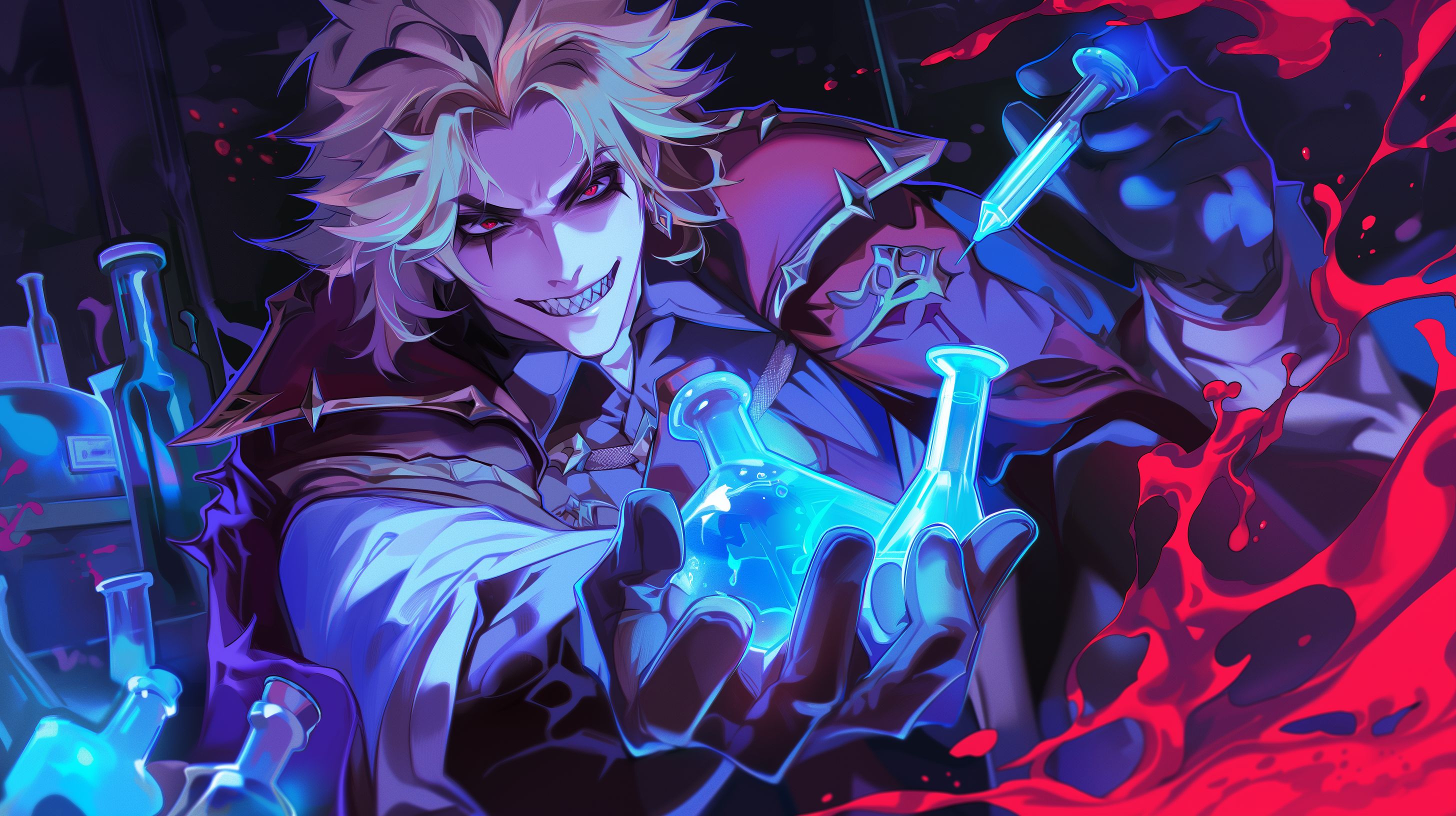 Prompt: dottore from genshin impact, holding a needle full of glowing blue liquid towards the viewer, he's grinning manically with his dangerous shark-like teeth, he's surrounded by glowing vials of liquids in a dark laboratory, he looks handsome, and yet terrifying, splatters of red liquid everywhere --niji 6 --ar 16:9