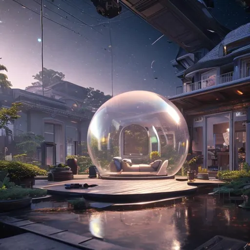 Prompt: a home built in a huge Soap bubble, windows, doors, porches, awnings, middle of SPACE, cyberpunk lights, Hyper Detail, 8K, HD, Octane Rendering, Unreal Engine, V-Ray, full hd -- s5000 --uplight --q 3 --stop 80--w 0.5 --ar