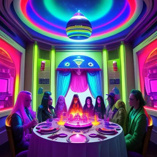 Prompt: Breathtakingly detailed Image of a UFO death cult members at a house party.  Colorful, Dark & striking image. Aesthetically Brilliant. Everything is perfectly to scale. Award winning.