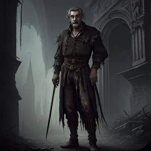 Prompt: highest quality concept art masterpiece, dark fantasy, Ravenloft, digital drawing, photo-realistic, Italian, Roma, short hair,  colorful ragged and worn clothes, older male baron, unemployed, poor and does not show it, dark, night, mists, rotten mansion, 
