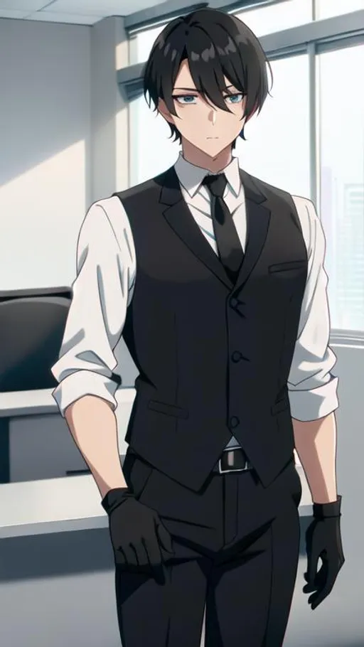 Prompt: [Boy young executive] [Black hair] [hair fringe] [tie] [white dress shirt under black vest] [Black gloves] [office] [tender body] [beautiful eyes]