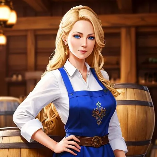 Prompt: Character concept art of a beautiful female tavern keeper in her 30s with flowing dirty blonde hair and bright blue eyes wearing a burgundy dress and a brown apron standing in front of wooden barrels, fantasy, intricate, elegant, highly detailed, digital painting, trending on artstation, detailed face, realistic face, smooth, sharp focus, illustration art by Stanley Lau