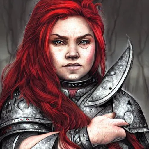 Prompt: A female dwarf cleric with red hair, sharp grey eyes, rough skin, and a scar. she is wearing chain mail. 