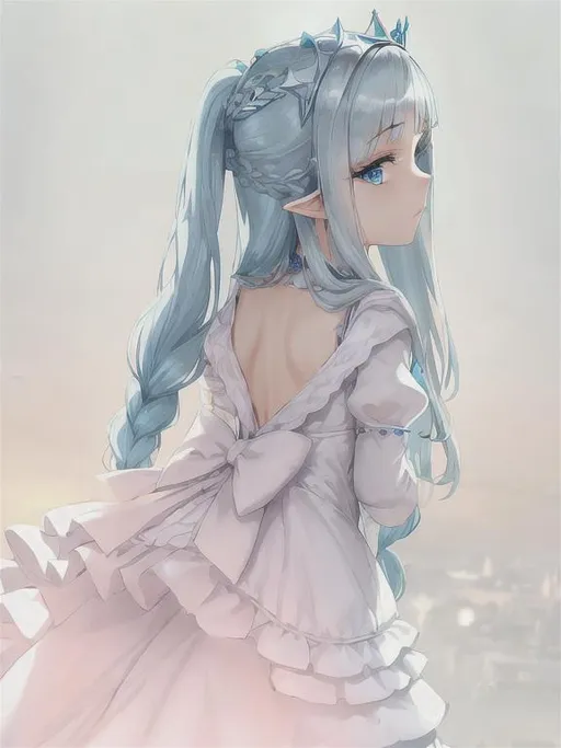 Prompt: 1 girl, princess, highly detailed blue eyes, highly detailed face, innocent looking, regal looking, wearing a crown, regal, 8k UHD, young girl, pointy ears, divine, highly detailed blue dress, long sleeved, anime, long dress, fully clothed, fantasy kingdom backdrop, highly detailed back braided silver hair, slight front bangs, scenic view landscape, magical feel, mystic, aerial view, idyllic, overhead shot, determined
