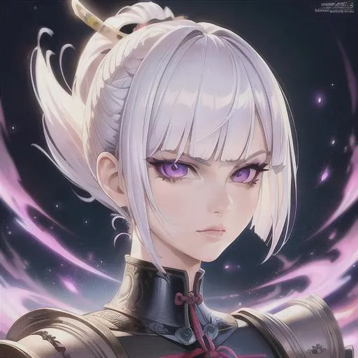 Prompt: (masterpiece, illustration, best quality:1.2), pixie cut hairstyle, white hair, purple eyes, wearing samurai armour, death stare, best quality face, best quality, best quality skin, best quality eyes, best quality lips, ultra-detailed eyes, ultra-detailed hair, ultra-detailed, illustration, colorful, soft glow, 1 girl