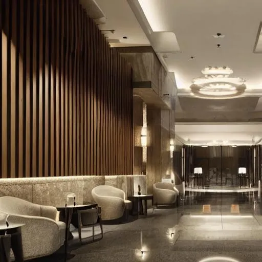 Prompt: e.g. Realistic 4K hotel lobbies, stylish modern decoration, tall design, clean line, modern, wood paneling
