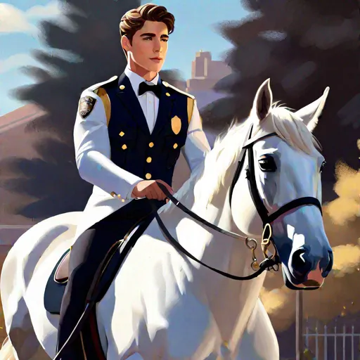 Prompt: Caleb  as a police officer (brown hair) (brown eyes) wearing a tuxedo, full body, riding a white horse