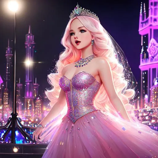 Prompt: Dove Cameron, Hyper realistic, detailed face, singing with mic, battlefield ethereal glittery pink lace royal princess two piece short dress, floating city in background, jewelry set, curly long black hair, stage with lights  in the background, royal vibe, highly detailed, digital painting, HD quality, pale skin, artgerm, by Ilya Kuvshinov 
