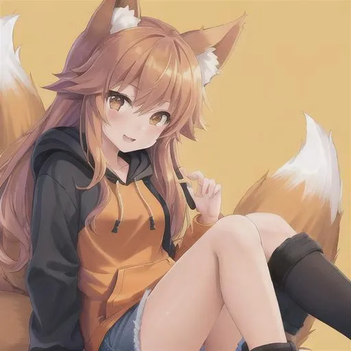 Prompt: 1girl, chibi, fox ears, happy face, fox tail, orange hoodie, long jean shorts,