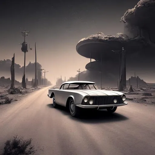 Prompt: futuristic drawing of a car from the 50s, driving through an apocalyptic landscape, deserted streets, destroyed buildings, realistic, 8k, hyperrealistic, clear light, sunlight,