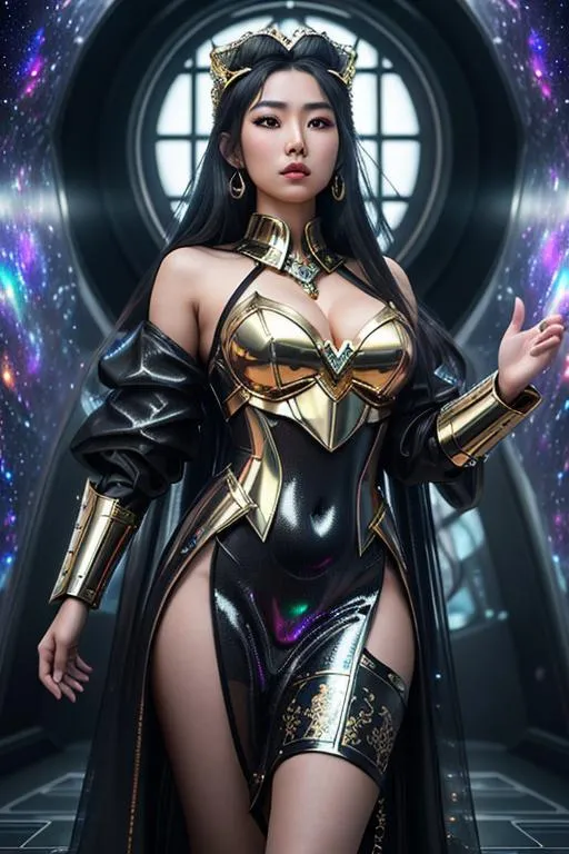 Prompt: splash art, hyper detailed, hyper realistic, highly detailed, dark, surreal heavy mist, floating at the edge of the Universe, in an alien observatory spaceship, 

create a 70% transparent computer generated hologram of an exquisite, beautiful, totally ultra realistic young adult Asian Time lord Princess, in an offensive stance, wearing Obsidian and Gold armor,

Gorgeous detailed facial features, long legs, vibrant sumptuous, perfect body, ultra pale, visible midriff, ((perfect curly red hair)), magically created armor, heavy iron collar, 

Perfect studio lighting, perfect shading. HDR, UHD, high res, 64k, cinematic lighting, special effects, hd octane render, professional photograph, trending on artstation, .