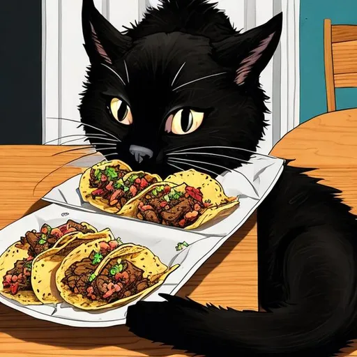 Prompt: A black cat eating tacos