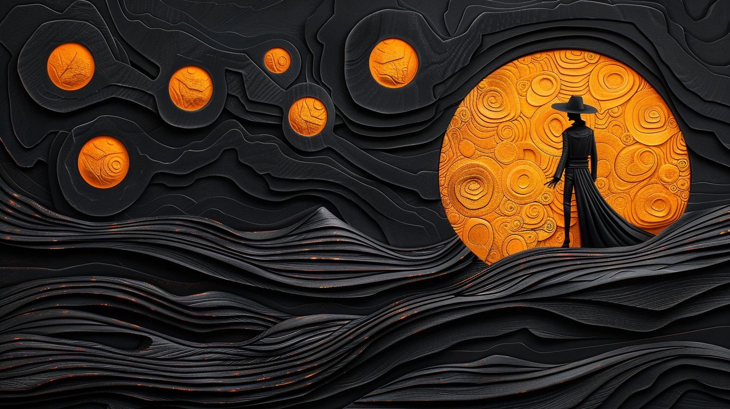 Prompt: Wide image of a mural that blends intricate woodwork design with cinema4d rendering. It features a dark cowboy on the moon's surface, with haunting shadows around. The artwork is influenced by pop culture, manga, and has a paper-like texture.