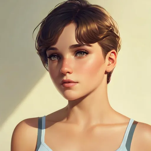 Prompt: 13 year old girl, pixie hair, by Jodie Muir. Light brown eyes. Light-skinned. Rosy cheeks, 
masculine characteristics.