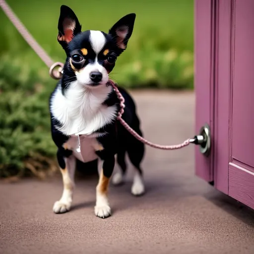 Prompt: A black andvwhite colored chihuahua on a leash attached to a doorknob.