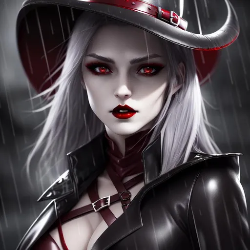 Prompt: attractive young woman, pale - ash skin, chiseled jaw, crimson bright eyes, dark red lips, silver becham hair, vampire hunter hat, circlet, black tones, rain, lightning, leather belts, black leather hunter long coat chest open, chest scar, ultra hd, sharp focus, volumetric lighting, unreal engine 4, 64k, artstation, digital art, high quality, particles, hyperreailsm, stars, electric, holding harpoon, harpoon, space colors