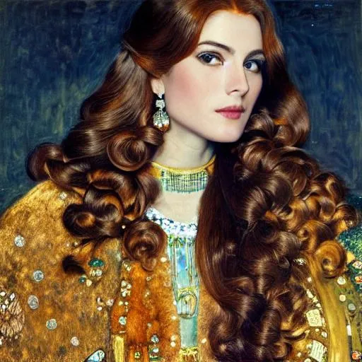 Prompt: Portrait of {beautiful women} with {brown} hair, a halo above her head and with a cute face, {by Gustaf Klimt}, perfect composition, hyperrealistic, super detailed, 8k, high quality, trending art, trending on artstation, sharp focus, studio photo, intricate details, highly detailed, by Gustaf klimt