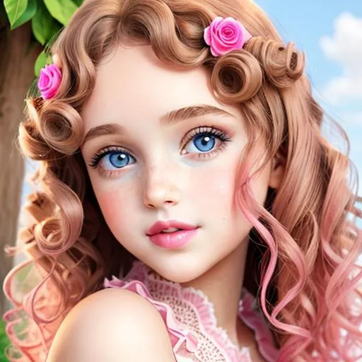 Prompt: young princess with  curly hair, blue eyes, pink lips


