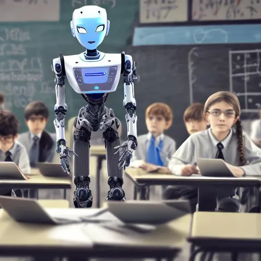 Prompt: A robot in a school class among human students