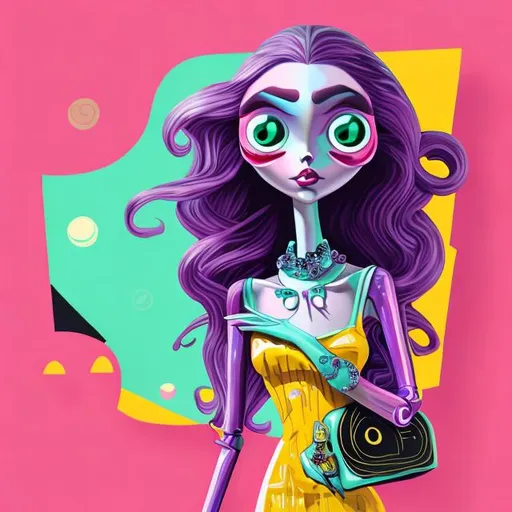 Prompt: Beautiful alien girl with big eyes and long eye lashes, big lips, long hair, wearing designer clothes and holding a Burlington purse, pop art, cinematic, simple background, wearing high heels and has long legs, athletic, smooth skin, photorealistic 