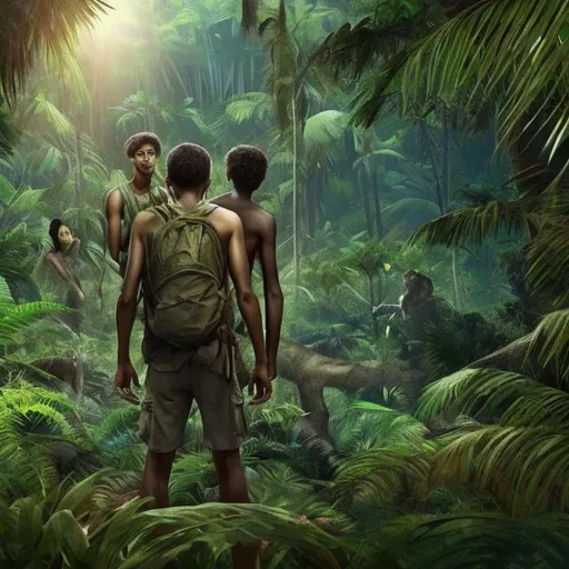 Prompt: A man lost in the jungle with his friends and survival for his life with nothing 