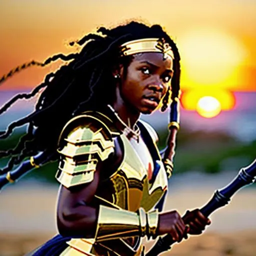 Prompt: Epic battle (Epic movie fight scene) (Full body, Hyperealistic detailed photography). Beautiful ebonian warrior princess fighting with a spear, leading her tribe into battle, strong-willed, (determined eyes), (golden necklace), (golden headband), (light armor dark blue cloth), black hair, armed with shining magical spear. Savannah. Dark. Sunset.