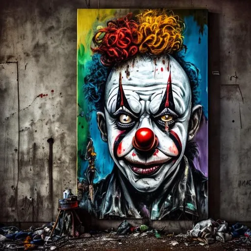 Prompt: A painting of a clown in a circus. grungy, abandoned, apocalyptic, street art