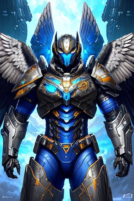 Prompt: Poster art, high-quality high-detail highly-detailed breathtaking hero ((by Aleksi Briclot and Stanley Artgerm Lau)) - ((a falcon )), Male , futuristic blue and black mech armor ,detailed Falcon head, falcon helmet, full body, 2 power arms, wearing detailed mech armour, 8k, bird military armour,  full form , The lord of all birds, mountain world setting, has highly detailed white and black futuristic military mech armour, detailed carbon fibre black and yellow amour, wearing carbon black and yellow military mech armor, highly detailed mech armor, full form, epic, 8k HD, ice, sharp focus, ultra realistic clarity. Hyper realistic, Detailed face, portrait, realistic, close to perfection, more black in the armour, 
wearing blue and black cape, wearing carbon black cloak with yellow, full body, high quality cell shaded illustration, ((full body)), dynamic pose, perfect anatomy, centered, freedom, soul, Black short hair, approach to perfection, cell shading, 8k , cinematic dramatic atmosphere, watercolor painting, global illumination, detailed and intricate environment, artstation, concept art, fluid and sharp focus, volumetric lighting, cinematic lighting, 
