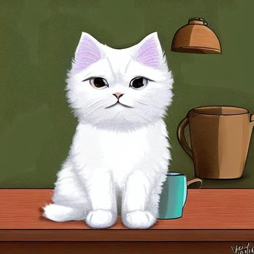 Prompt: A fluffy white cat sitting on a table next to a mug 2D digital art