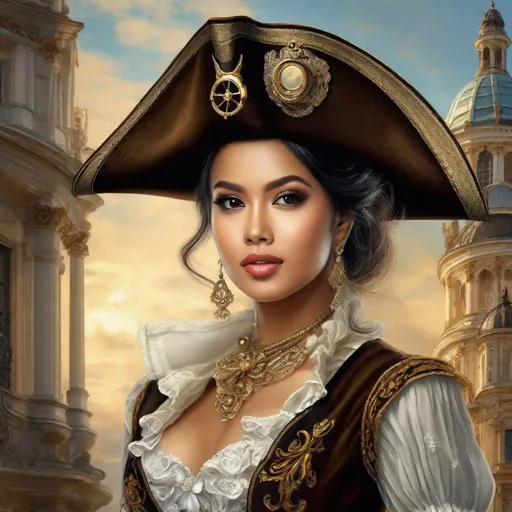 Prompt: pretty young Indonesian woman, 25 year old, (round face, high cheekbones, almond-shaped brown eyes, small delicate nose), (pirate costume), posing for a picture, active pose, lemish Baroque by Alexander fKucharsky, trending on cg society, rococo, steampunk, rococo, enchanting, masterpiece, intricate detail