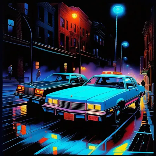 Prompt: 1980s, Brooklyn at night, neon, car chase, rain, fog, cold blue atmosphere, cartoony style, extremely detailed painting by Greg Rutkowski and by Henry Justice Ford and by Steve Henderson