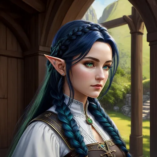 Prompt: oil painting, fantasy,  UHD, hd , 8k, , hyper realism, Very detailed, zoomed out view of character, panned out view, full character visible,  elf female artist, she has dark blue hair in a braid, she has green eyes, she is wearing medieval attire