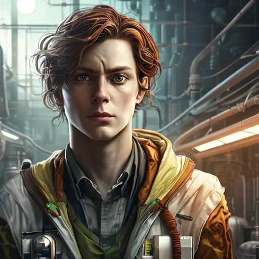 Prompt: attractive twenty -five year old man male scientist, dark auburn hair, hazel eyes, serious expression, futuristic solarpunk laboratory, portrait realistic details photorealistic