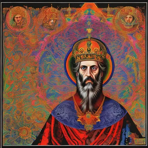Prompt: emperor Basil II psychedelic album art