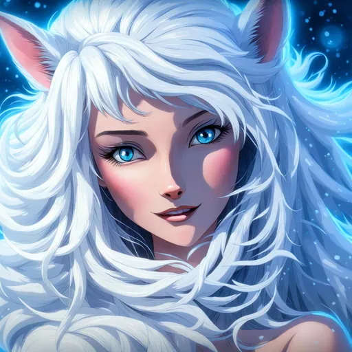 Prompt: UHD, 8k,  oil painting, Anime,  Very detailed, zoomed out view of character, HD, High Quality) Adolescent vixen fox, ice elemental, deep blue pelt covered in frost, bashful hypnotic sapphire blue eyes, calm bashful smile, gorgeous silver mane covered in snowflakes, slightly plump, moonlight beaming through clouds, grassy field covered in frost, cool colors, professional, unreal engine, depth, volumetric lighting