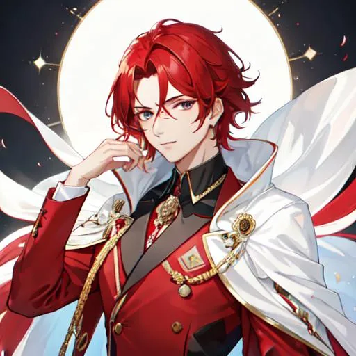 Prompt: Zerif 1male (Red side-swept hair covering his right eye) wearing a royal suit, white shawl, 