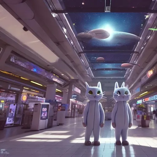 Prompt: cat security guards in a busy alien mall, widescreen, infinity vanishing point, galaxy background, surprise easter egg